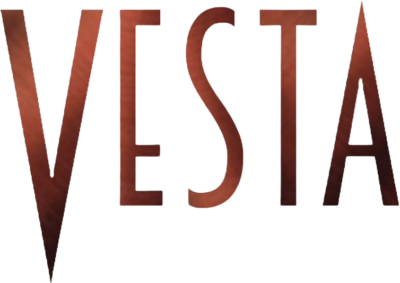 Close-up of the word 'VESTA' in bold brown uppercase letters on a white background.