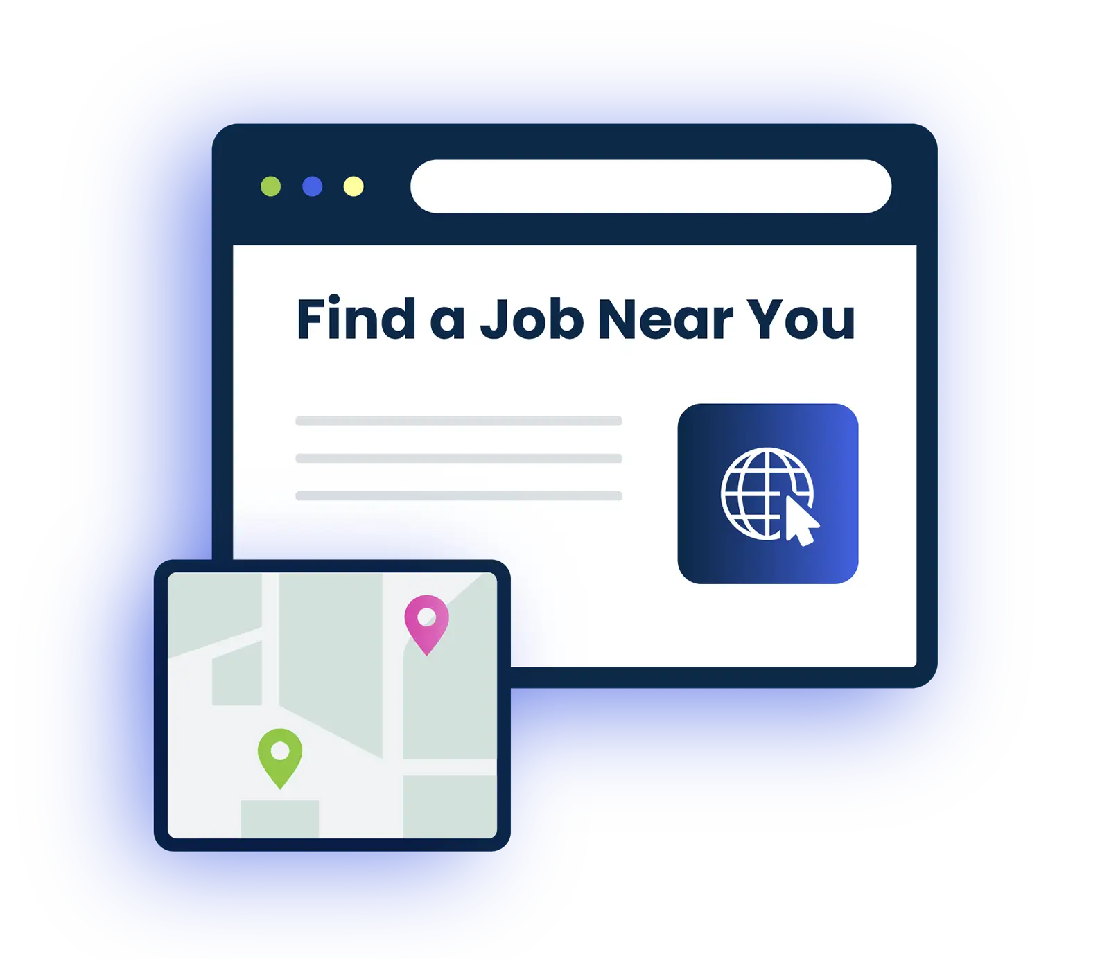 Digital interface showing a job search page with map location pins for finding jobs nearby.