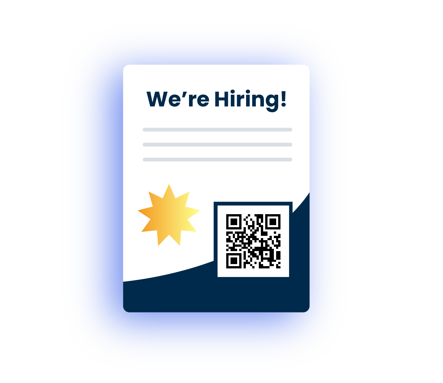A hiring flyer with a QR code and a yellow starburst on a blue background.