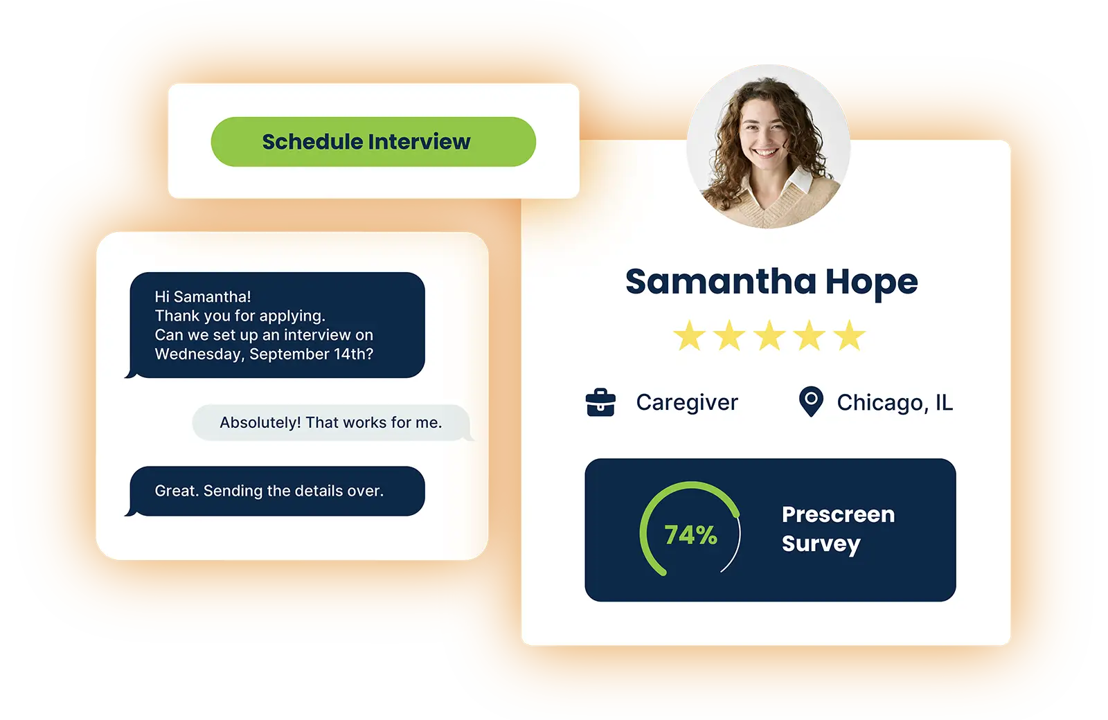 Profile of Samantha Hope, caregiver from Chicago with 5 stars and 74% prescreen survey score.