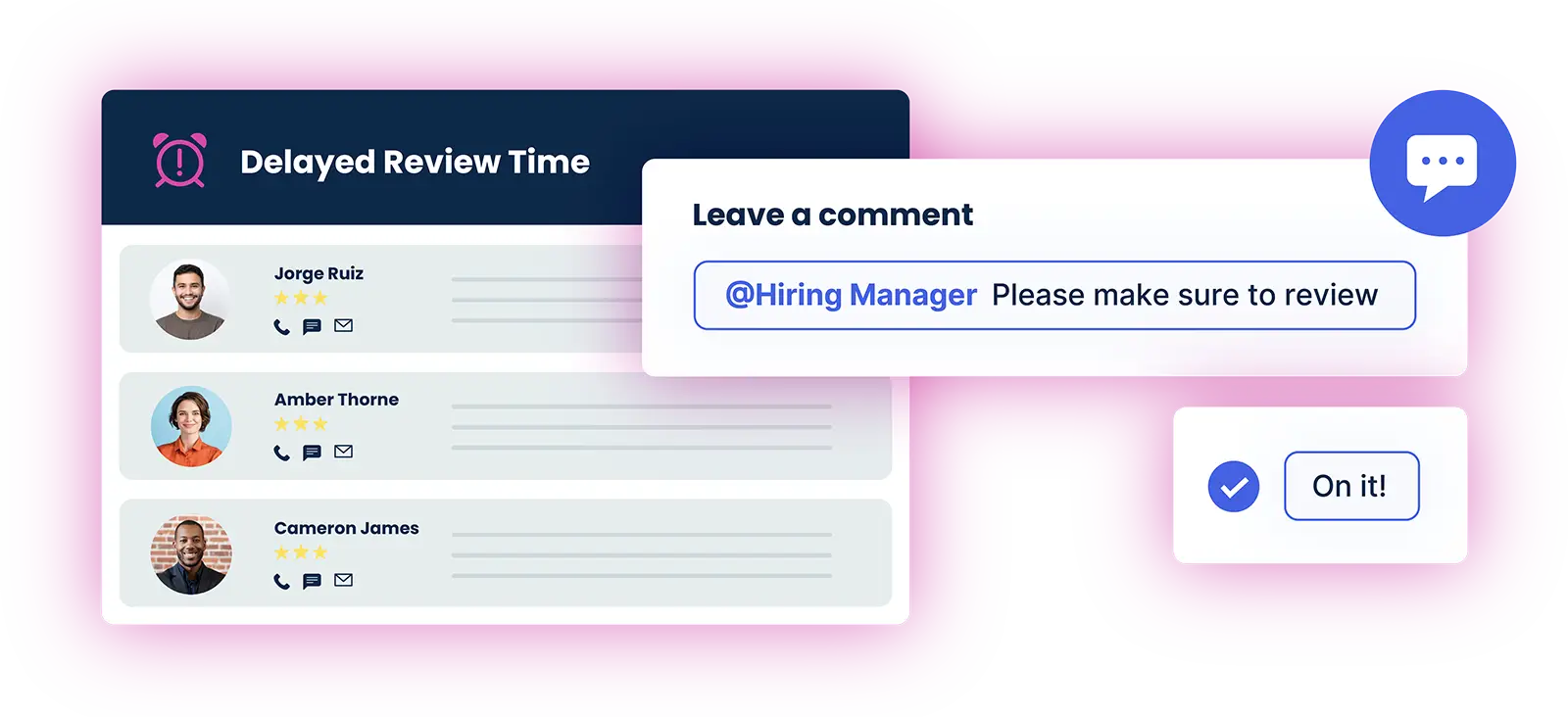 User interface showing delayed review time with comments tagging Hiring Manager and response button On it.