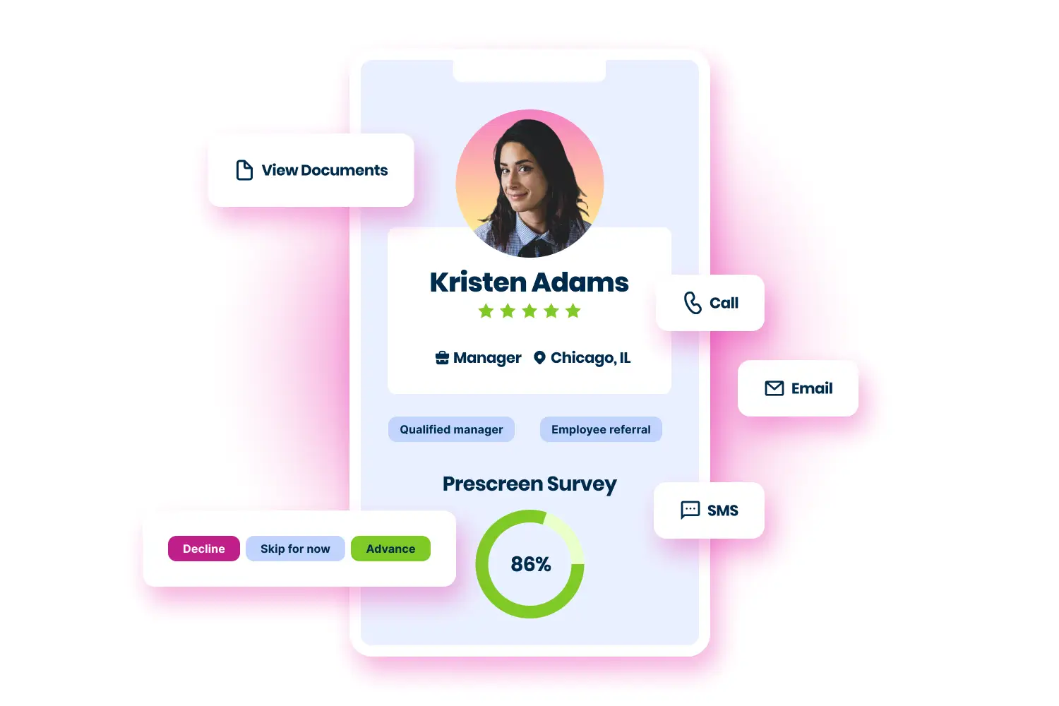 Mobile app screen showing Kristen Adams profile with manager role, location, ratings, survey, and contact options.