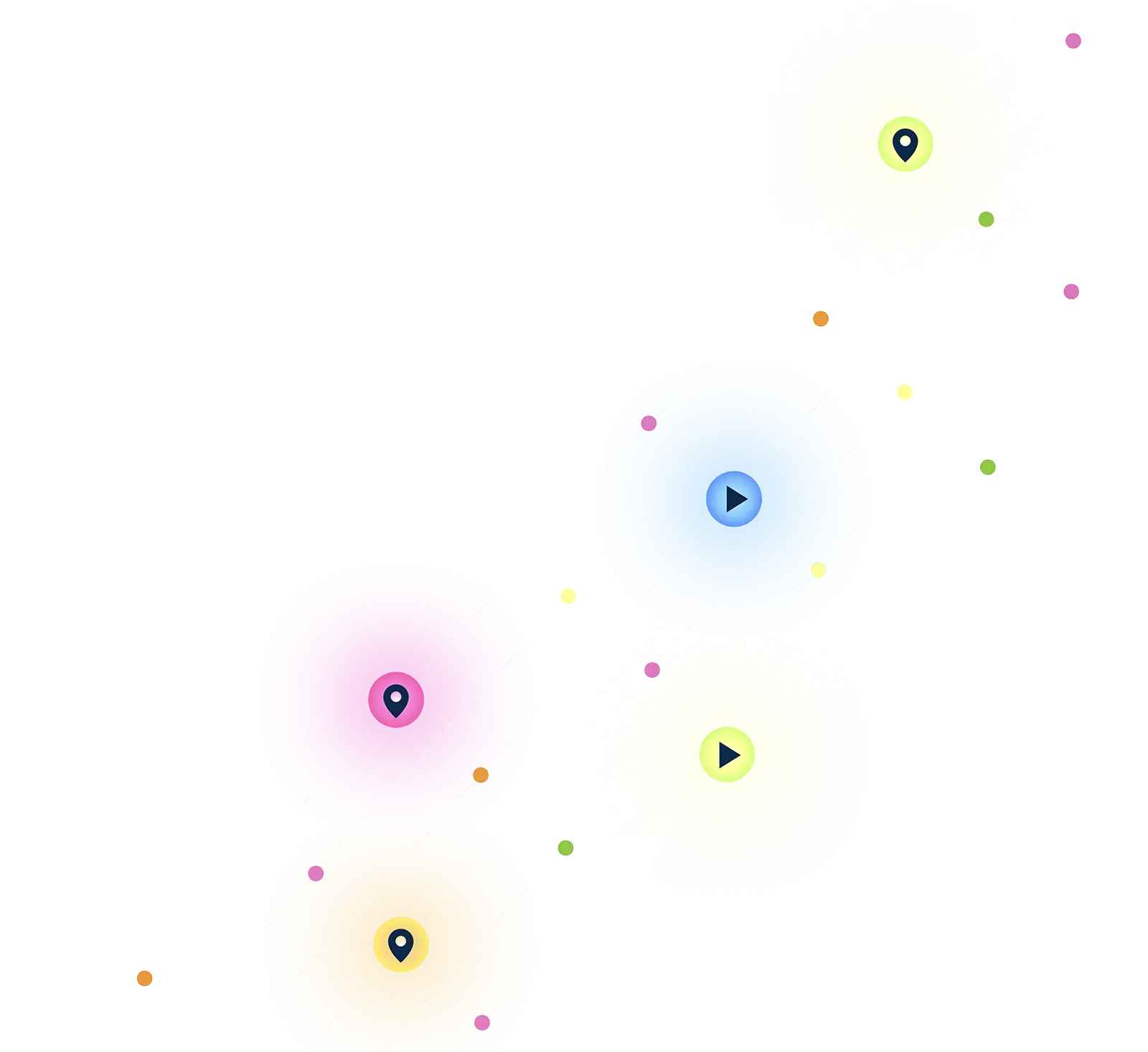 Abstract colorful circles with location pins and play icons on a white background.