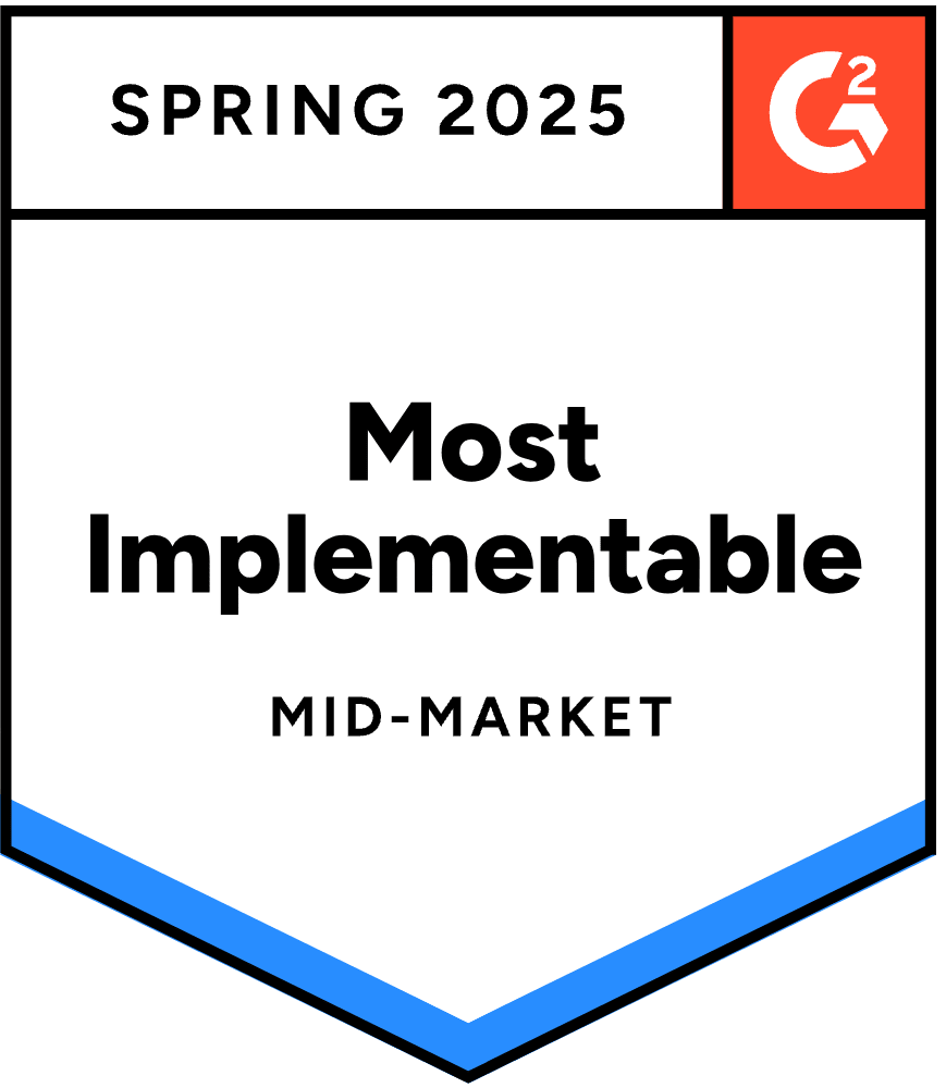 G2 Spring 2025 badge for Most Implementable Mid-Market award with G2 logo.