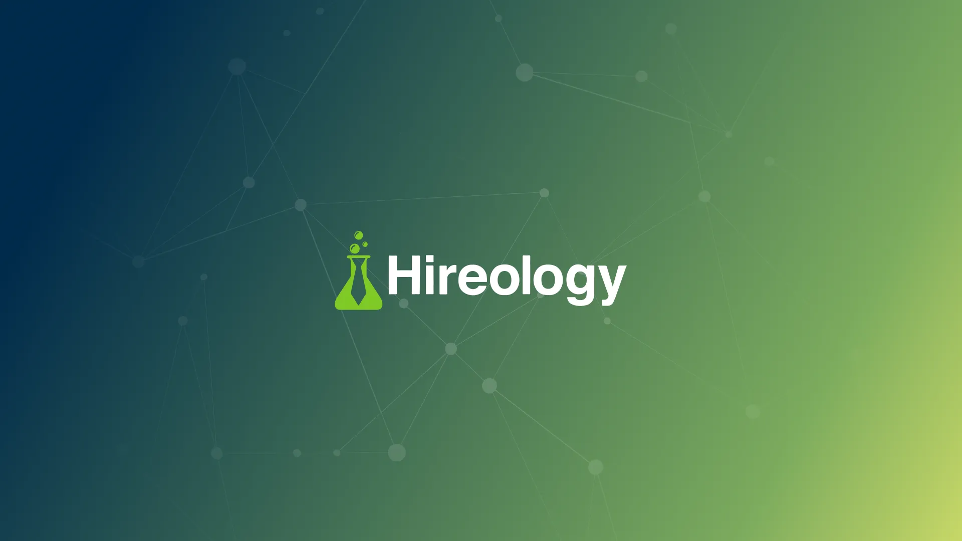 Hireology logo with green chemistry flask and tie on a blue to green gradient background.