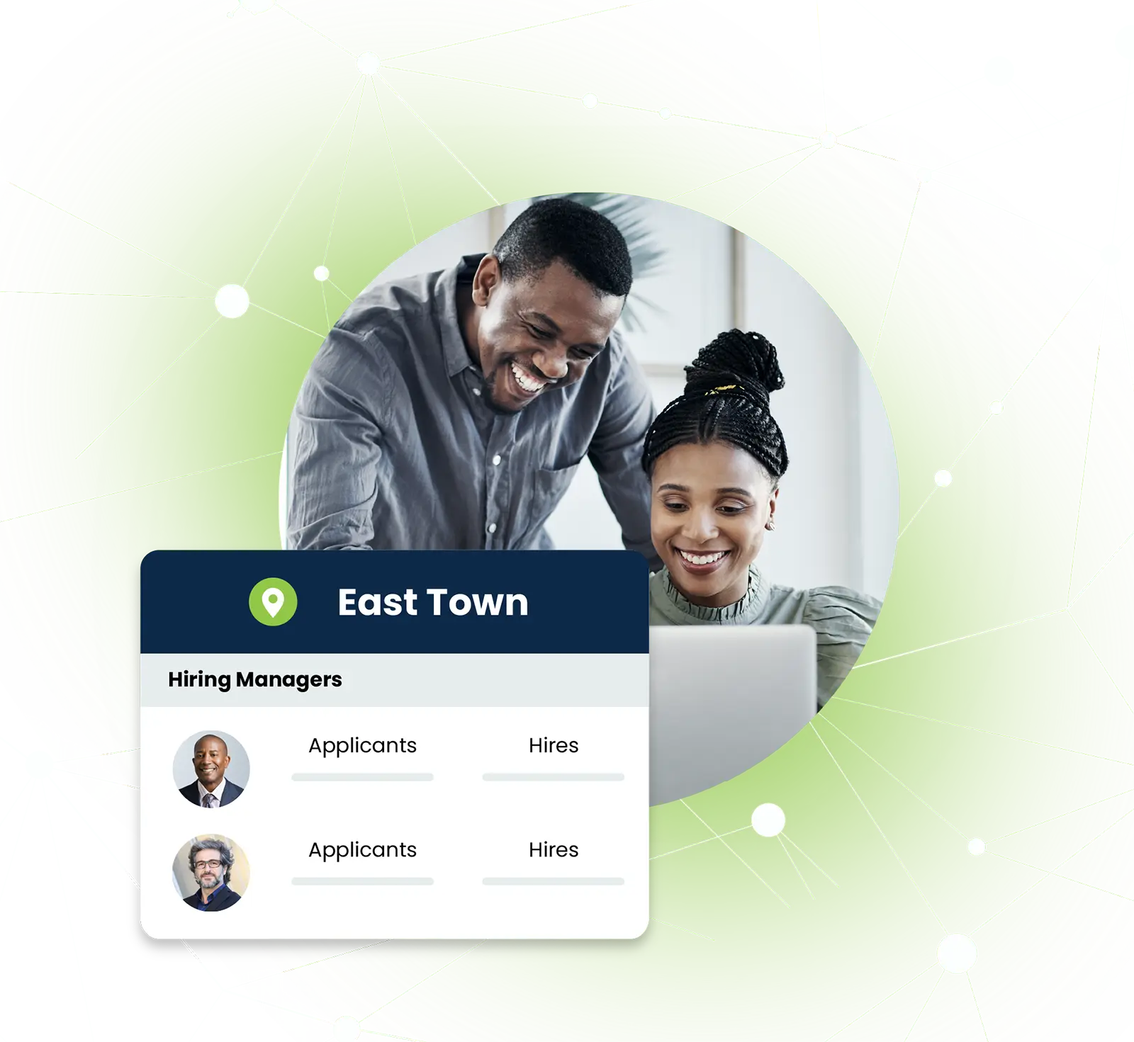 Two people smiling at a laptop with a Hiring Managers dashboard showing applicants and hires for East Town.