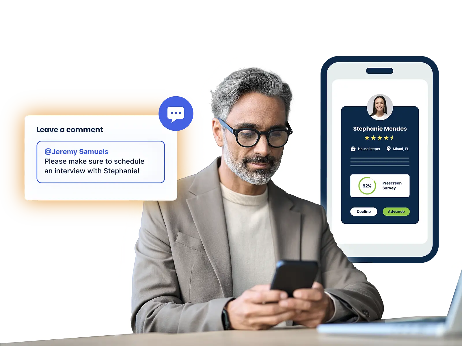 Man with glasses using phone, message to schedule interview and app screen showing candidate Stephanie Mendes.