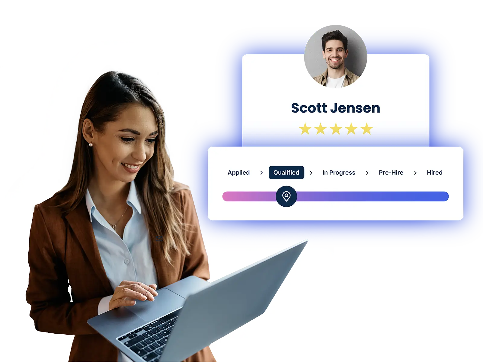 Smiling woman in brown blazer using laptop with a candidate hiring progress interface on screen.