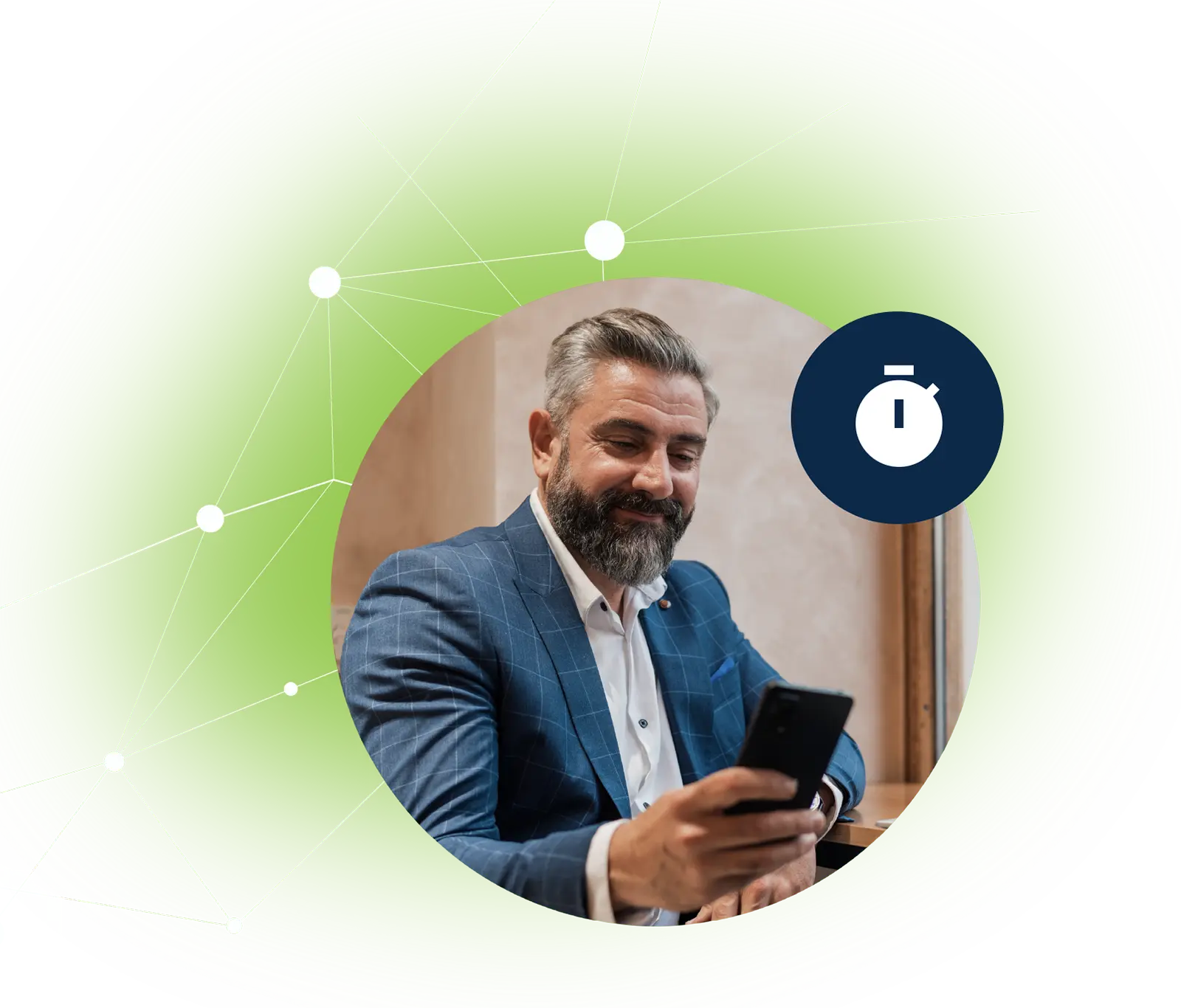 Middle-aged man in blue suit using smartphone, with green circle and stopwatch icon in background.