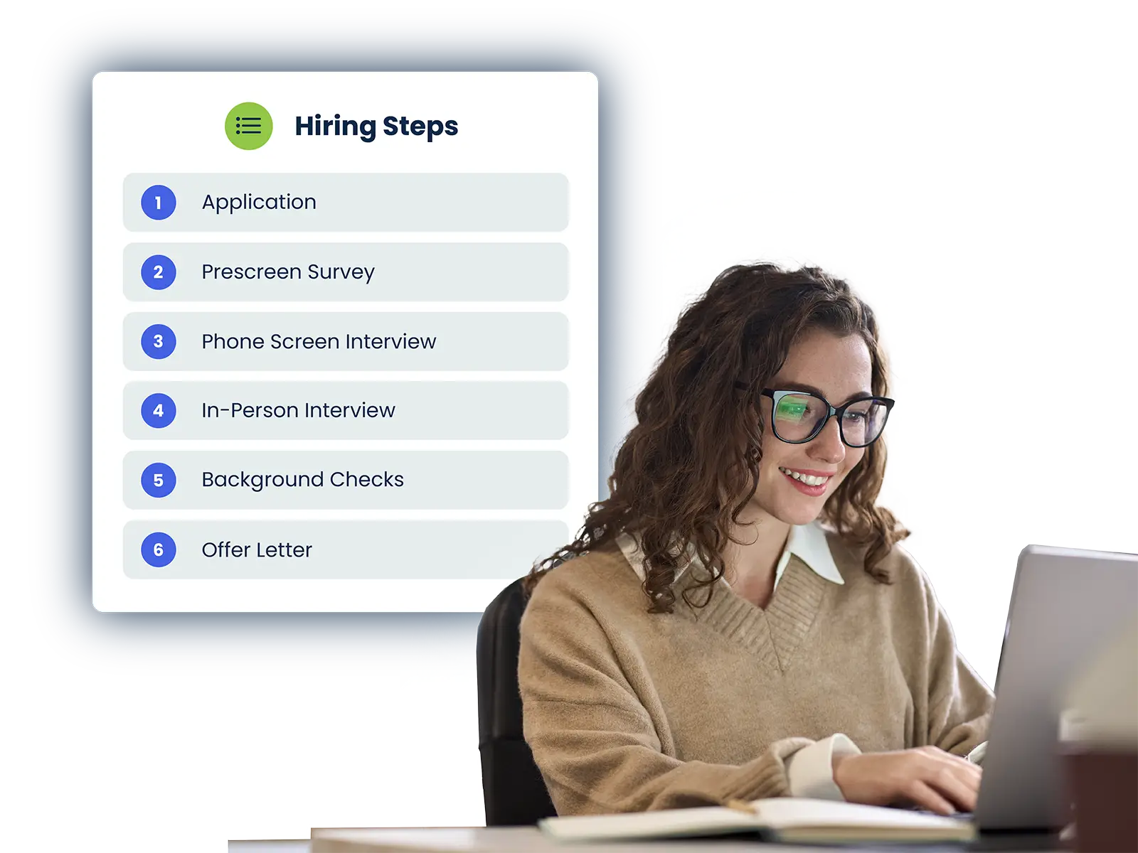 Smiling woman with glasses working on a laptop next to a list of six hiring steps.