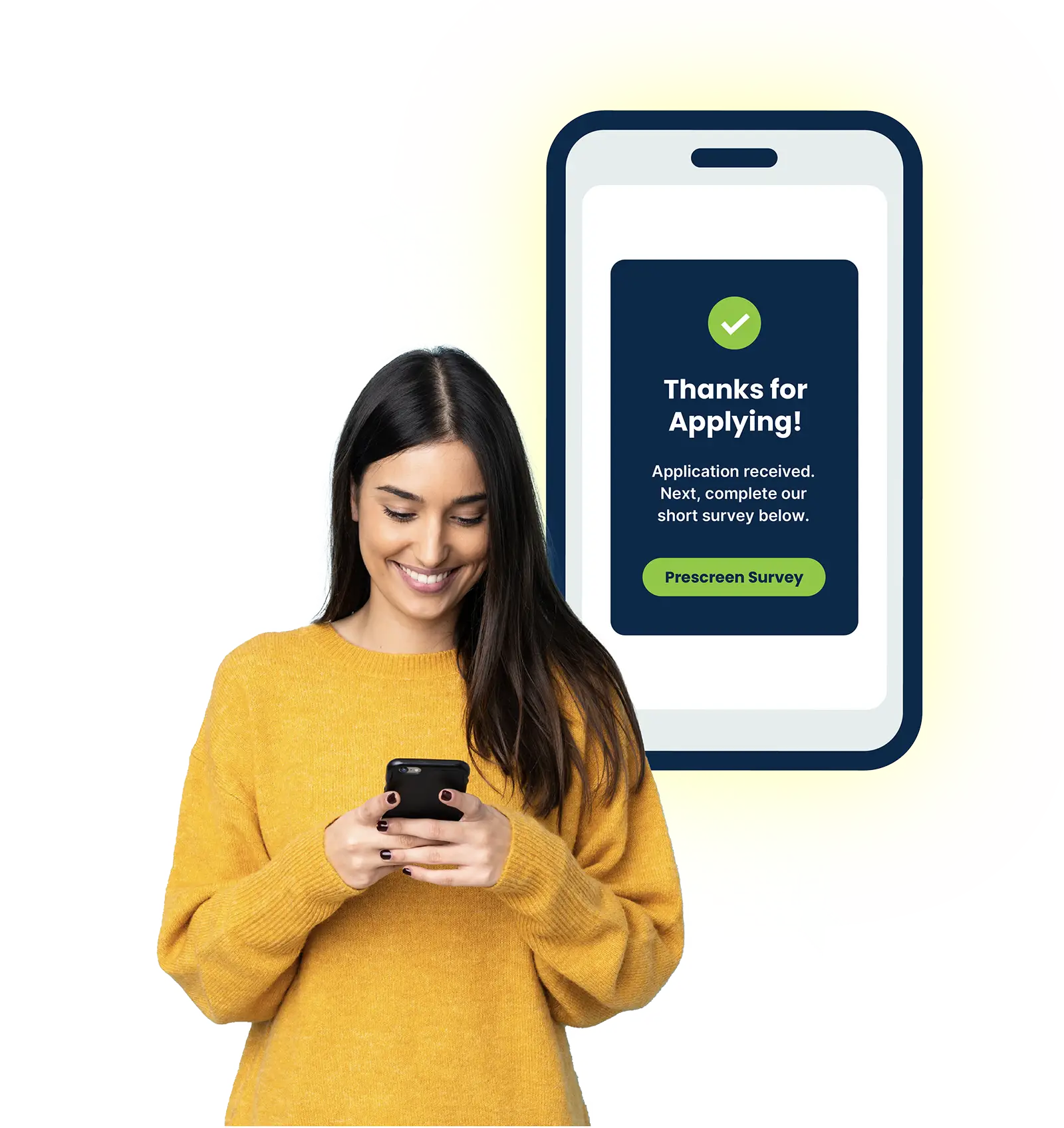 Woman in yellow sweater smiling while looking at phone with survey confirmation on screen behind her.