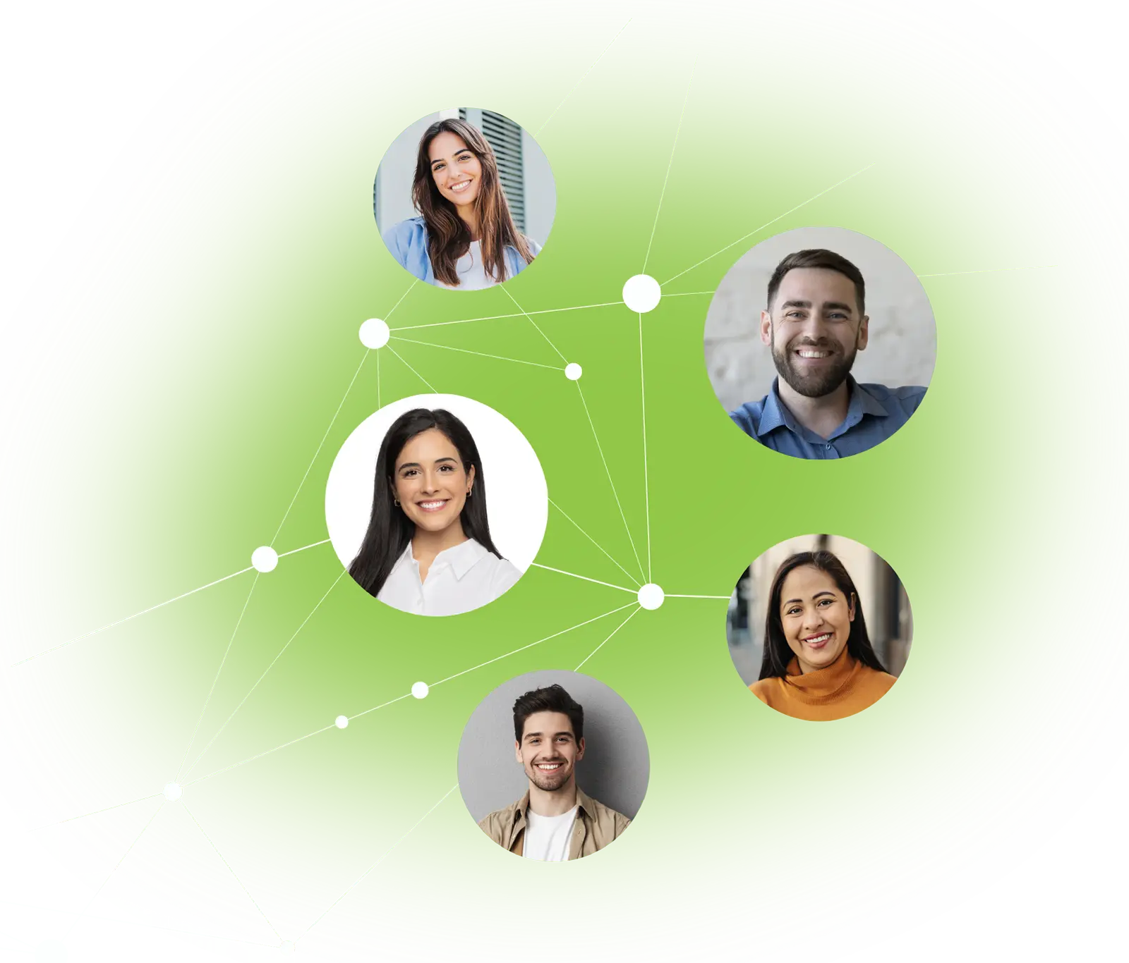 Five diverse smiling people connected by white lines and dots on a green background.
