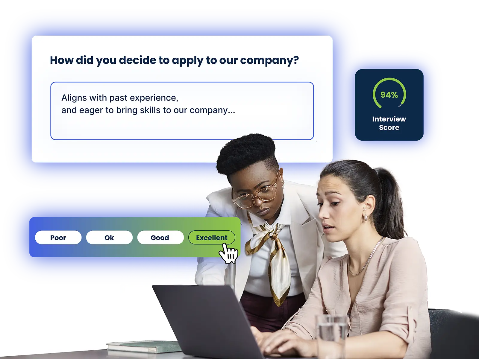 Two women looking at a laptop with an interview score of 94% and an excellent rating selected.