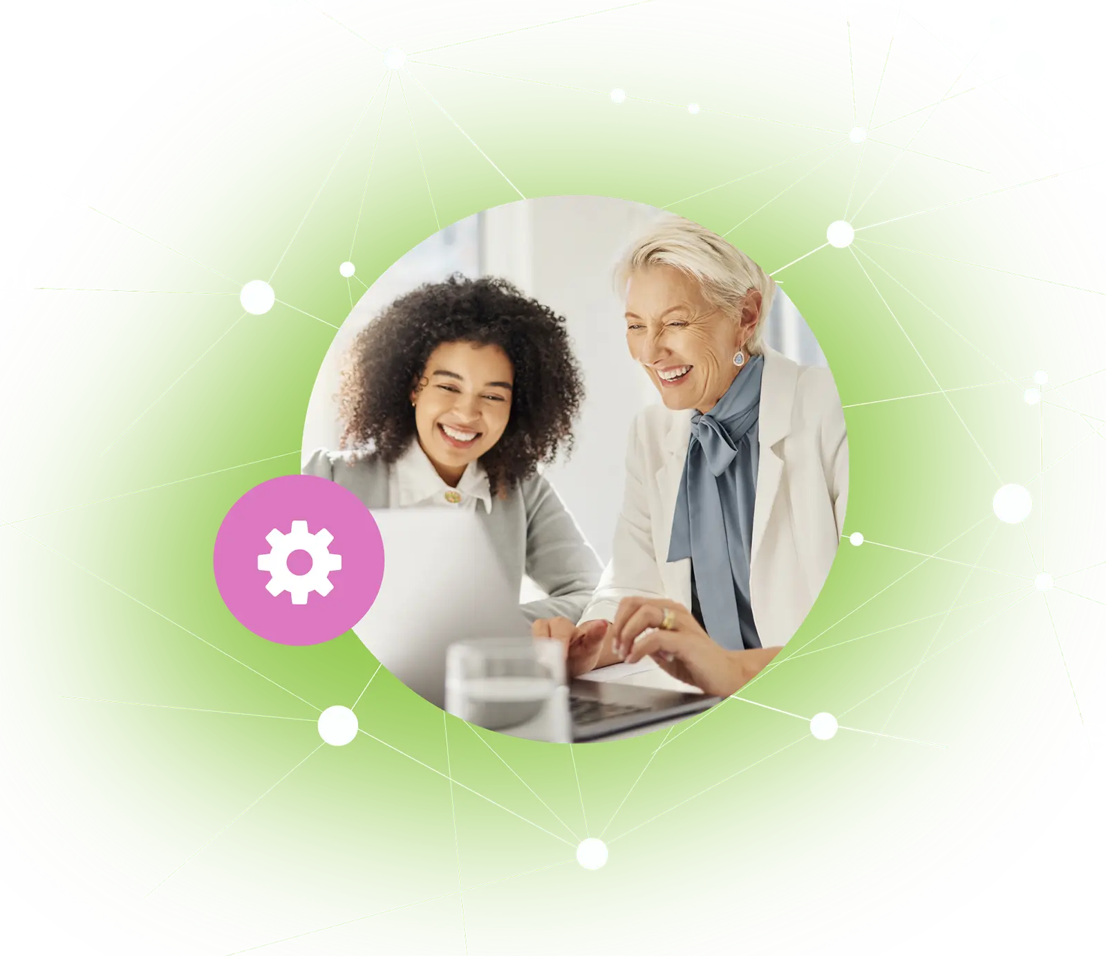 Two women smiling and working together on a laptop inside a green circular network design.