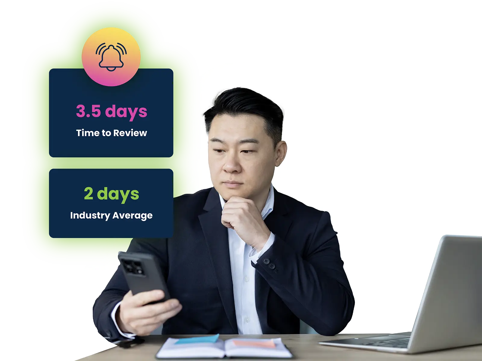 Man in suit at desk looking at phone with laptop and open planner in front of him, beside review time stats.