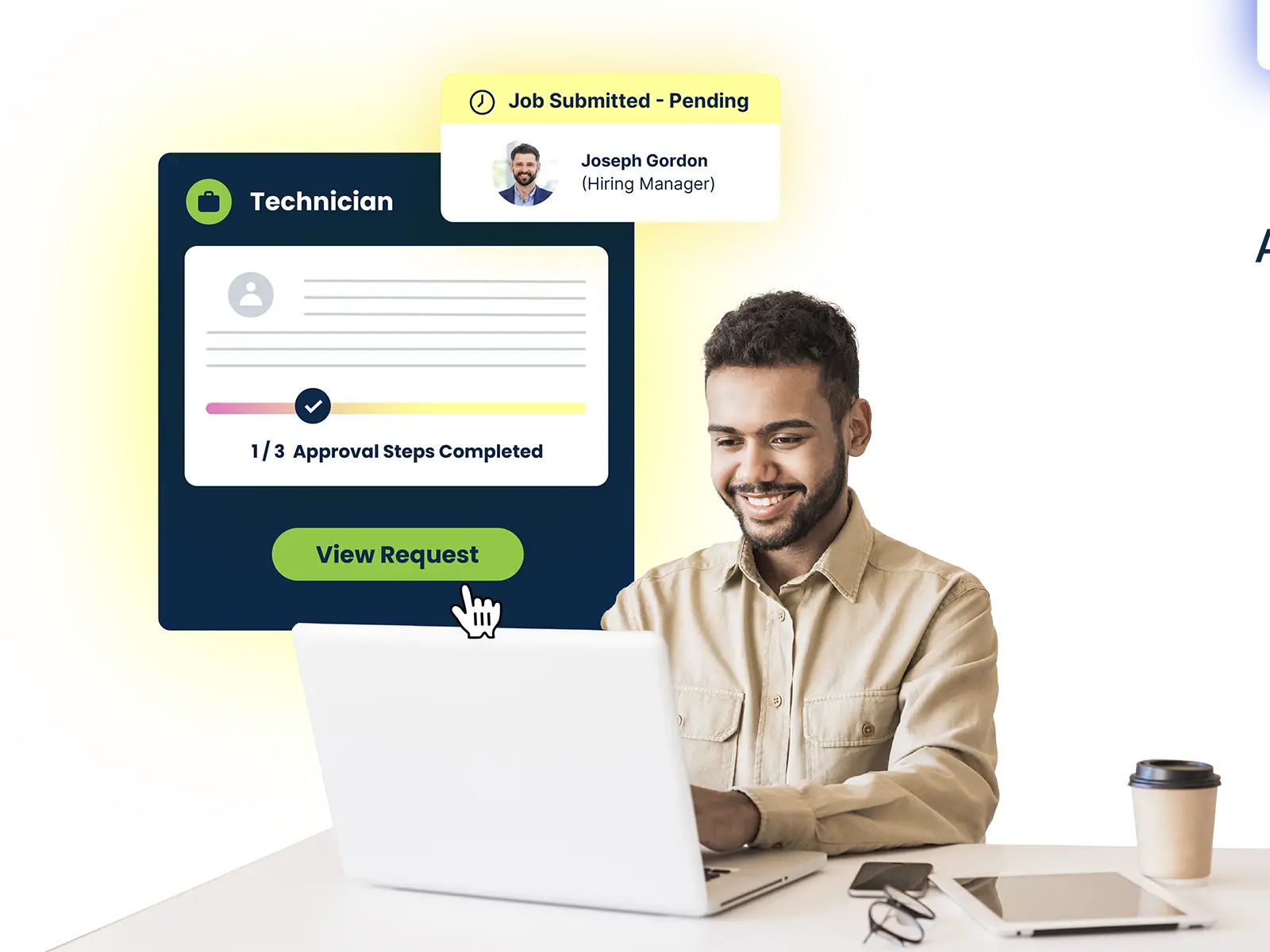 Smiling man using laptop at desk with coffee, phone, glasses, and tablet nearby with approval steps onscreen.
