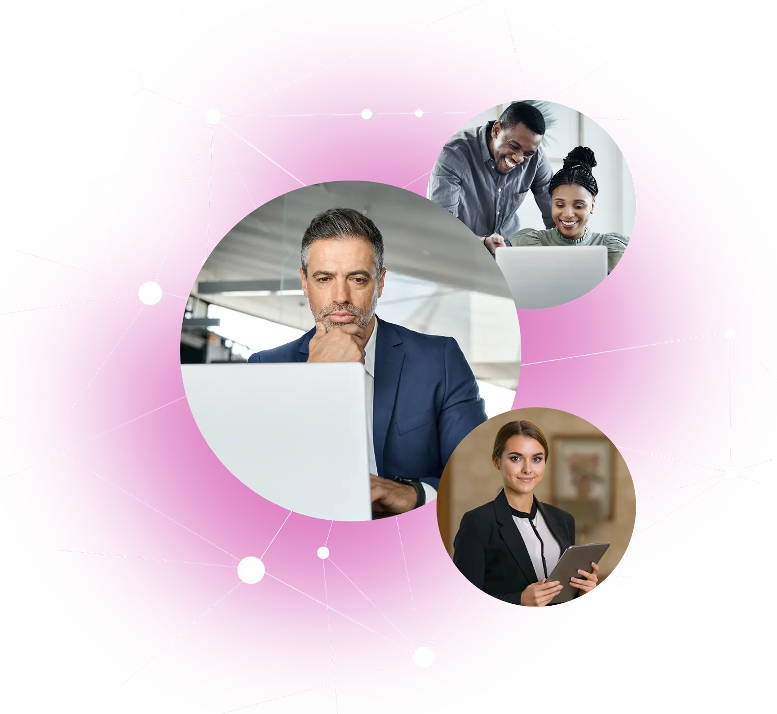 Collage of diverse professionals using laptops and tablet, connected by network lines on a pink background.
