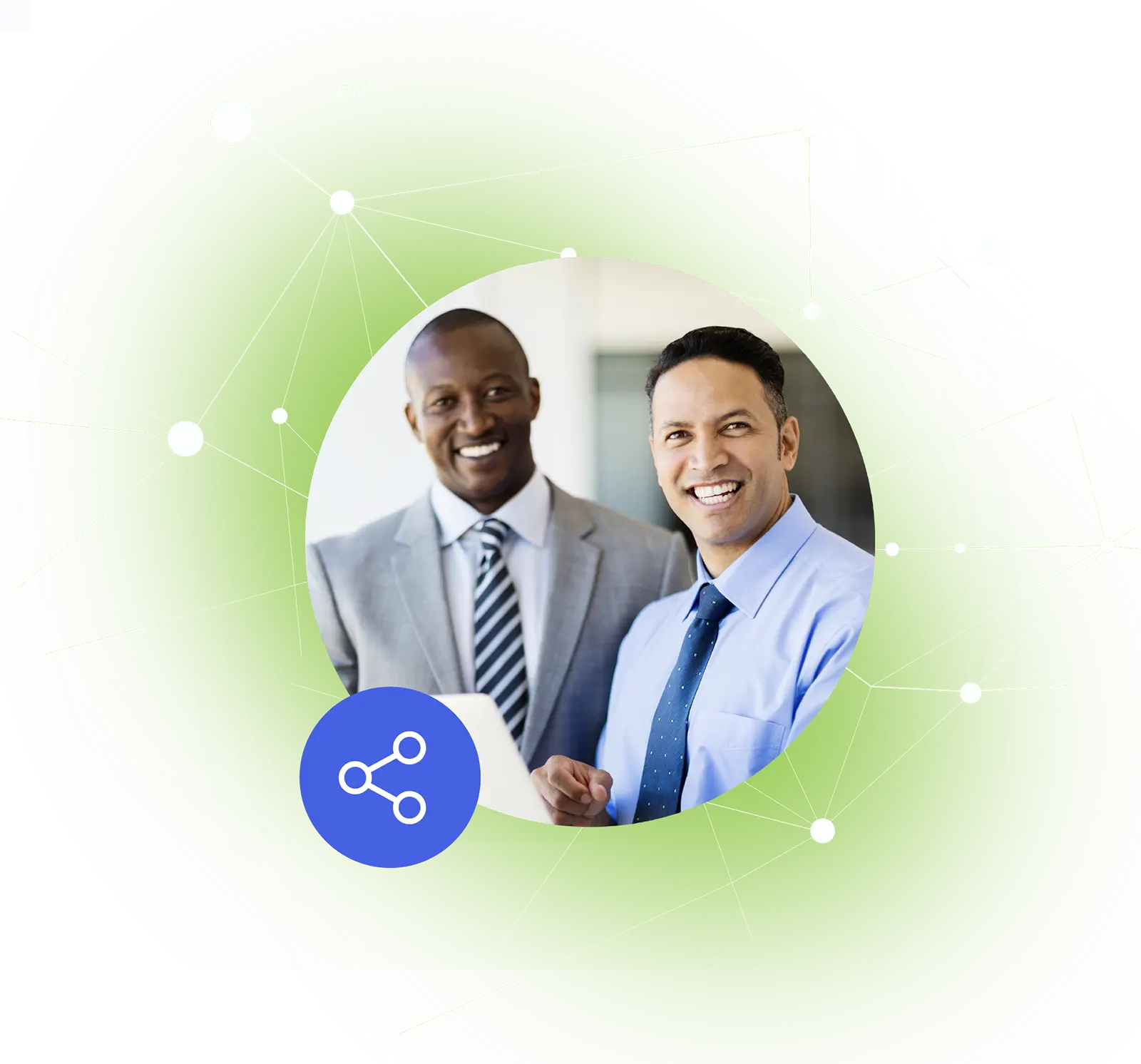 Two men in business attire smiling, with a digital network and share icon overlay on green background.