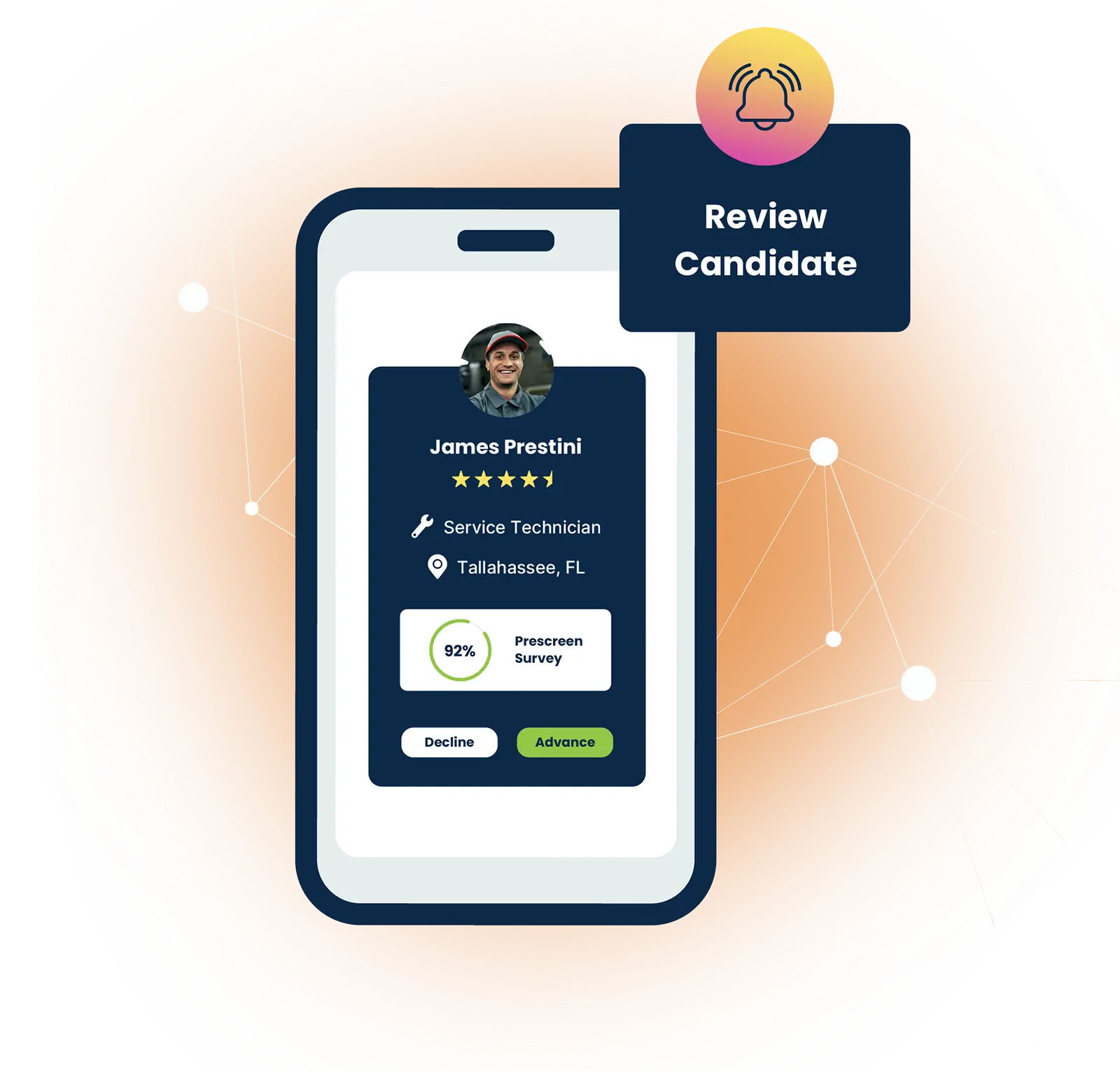 Mobile screen showing candidate James Prestini, service technician from Tallahassee, with 4.5 stars and 92% prescreen score.