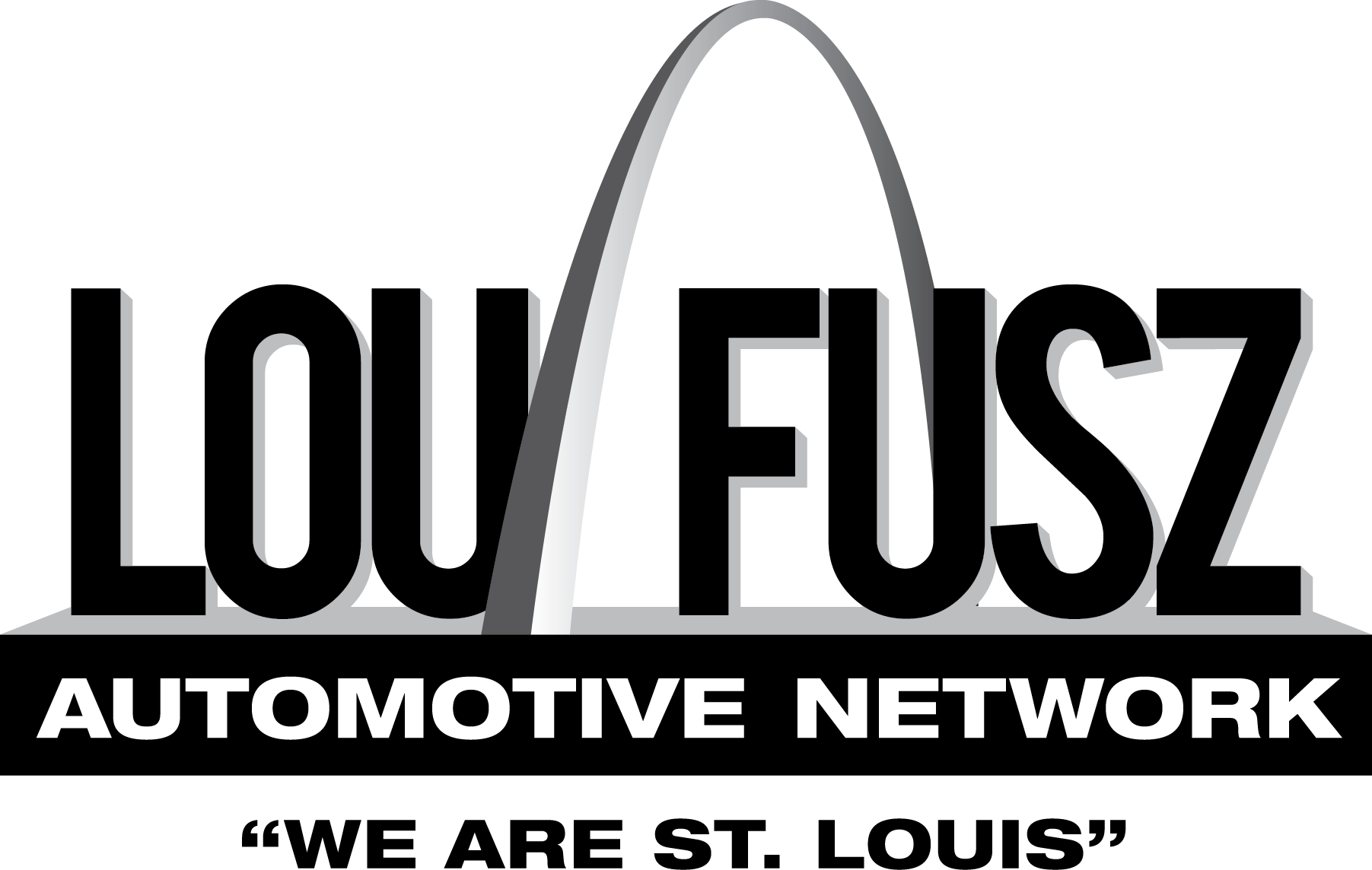 Lou Fusz logo with stylized Gateway Arch in gray and black on a transparent background.