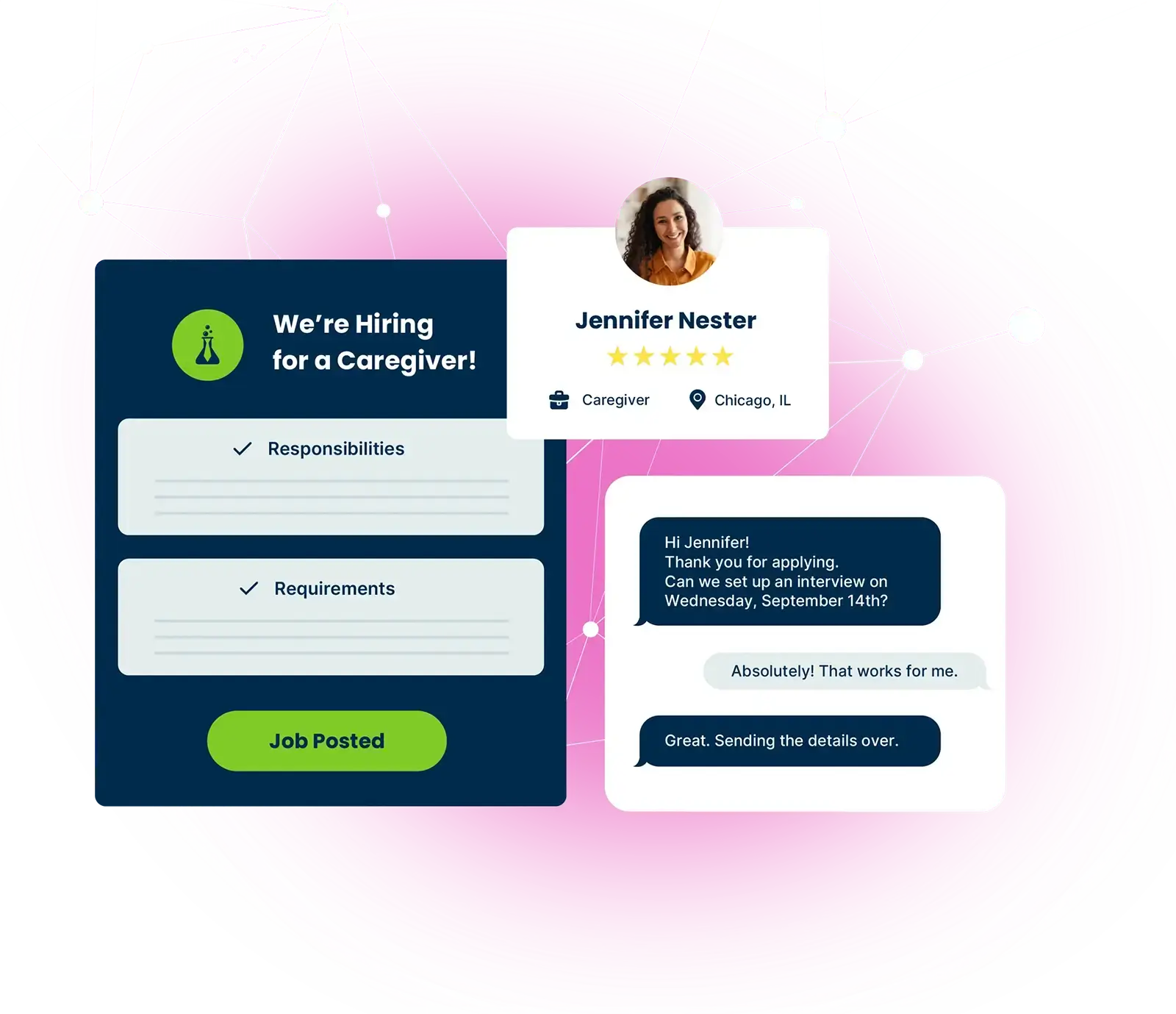 Job ad for caregiver with applicant profile and interview chat on a pink, connected background.