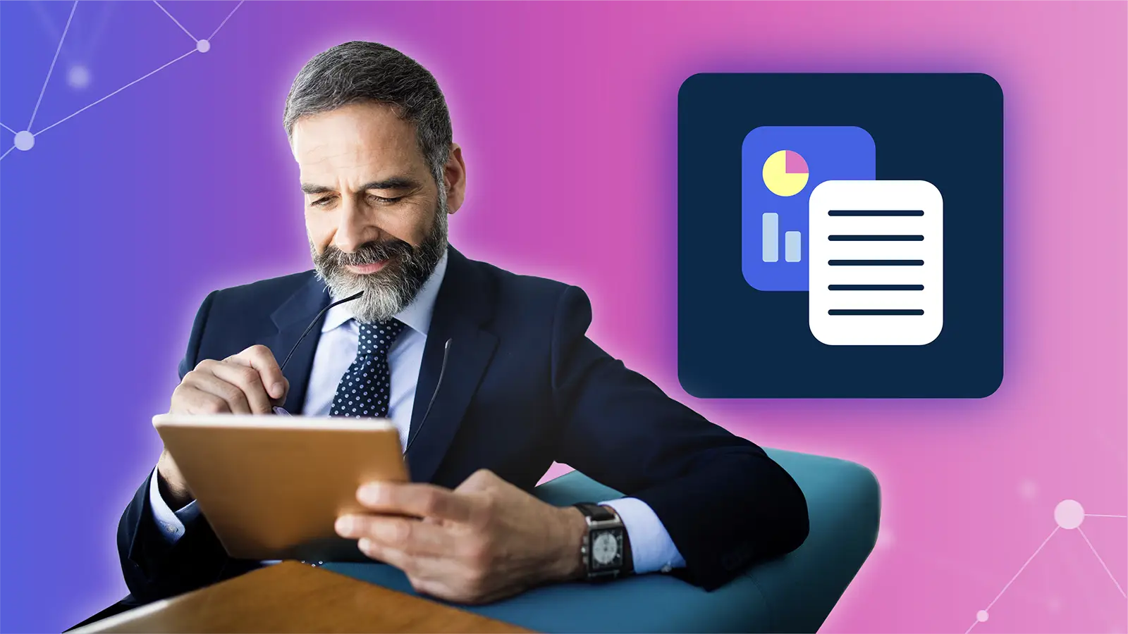 Man in suit using a tablet with business report icon on a purple-pink gradient background.