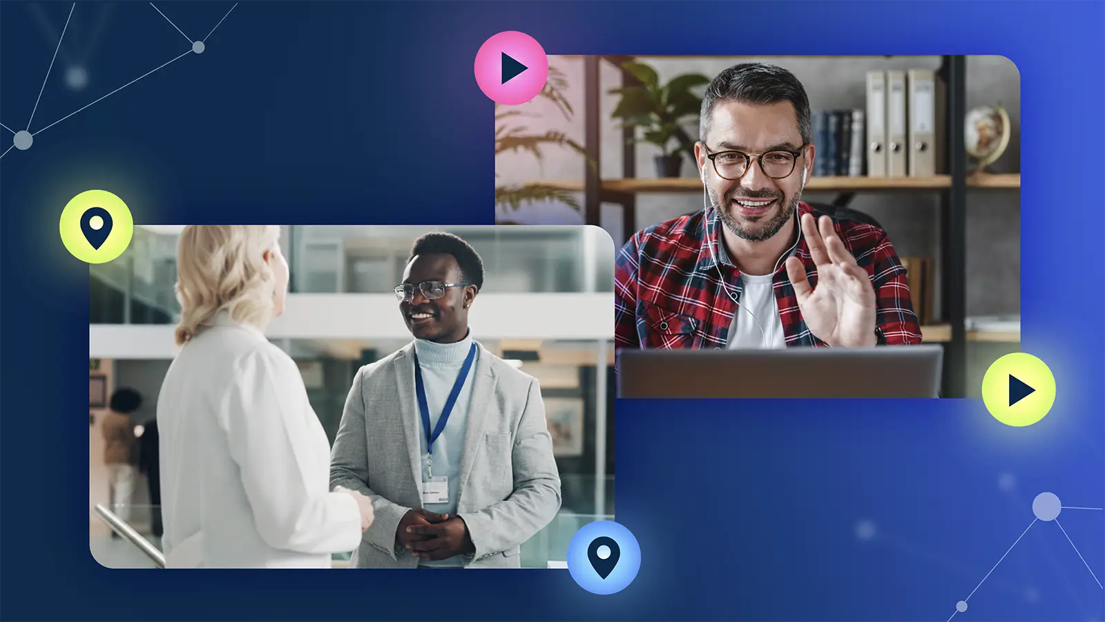 Two professionals shaking hands and man waving during a virtual meeting on laptop screens.