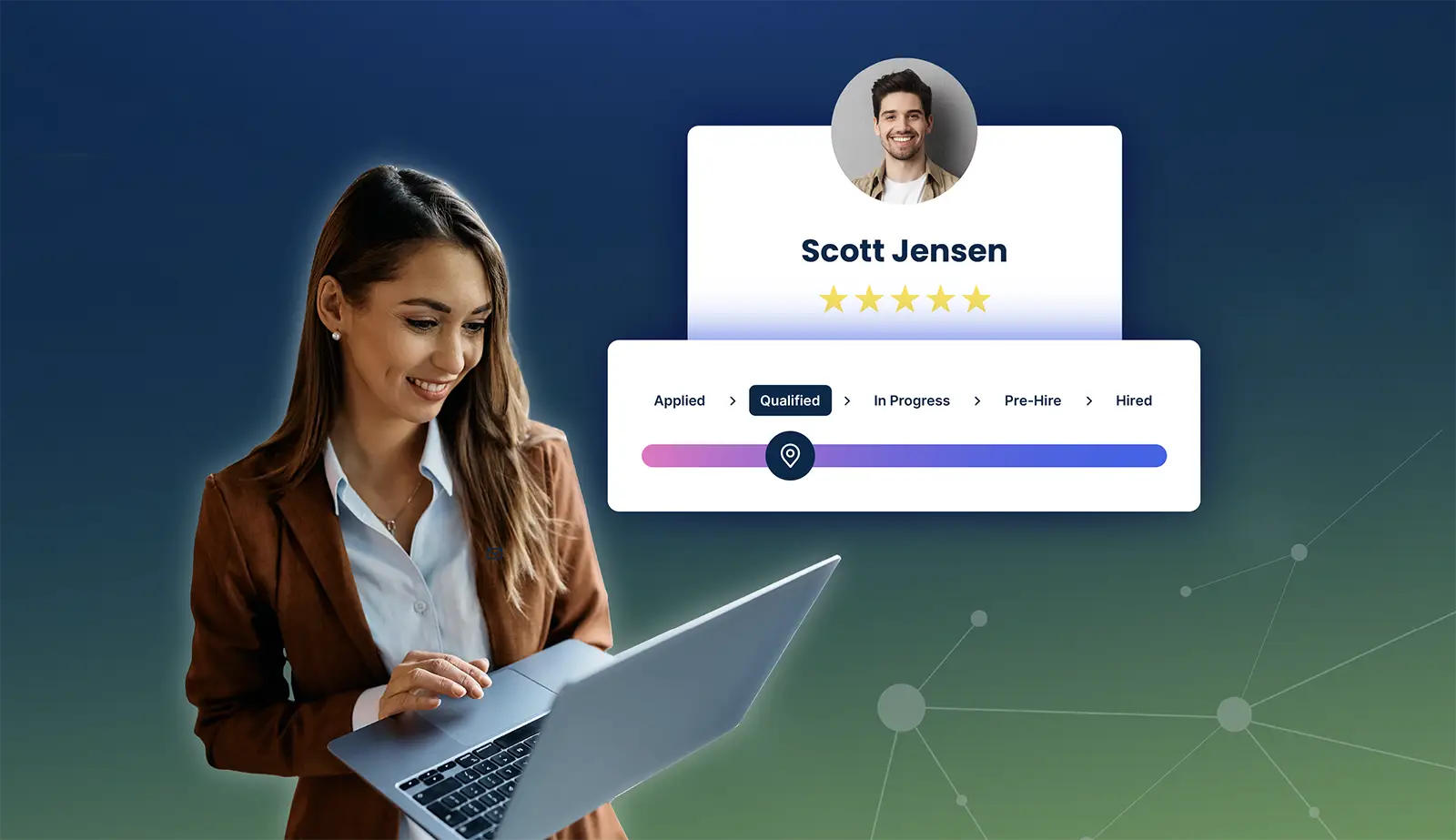 Woman in brown blazer holding laptop with candidate Scott Jensen profile and progress bar on screen.