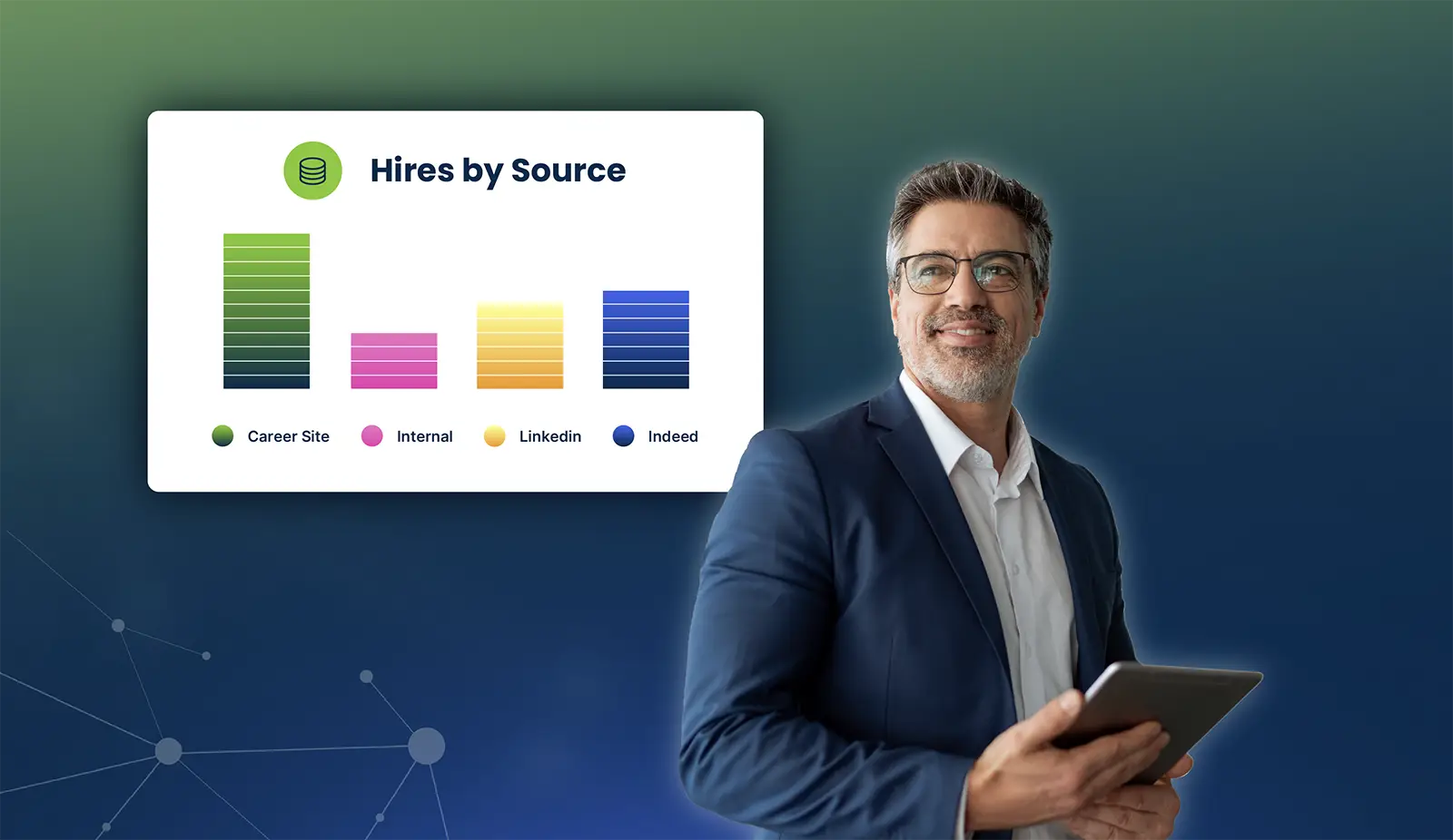 Smiling man in a suit holding a tablet with a chart showing hires by source: Career Site leads.