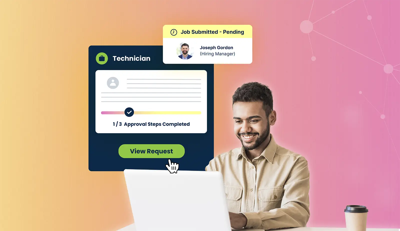Man smiling and working on laptop with technician job approval steps and request button on screen.