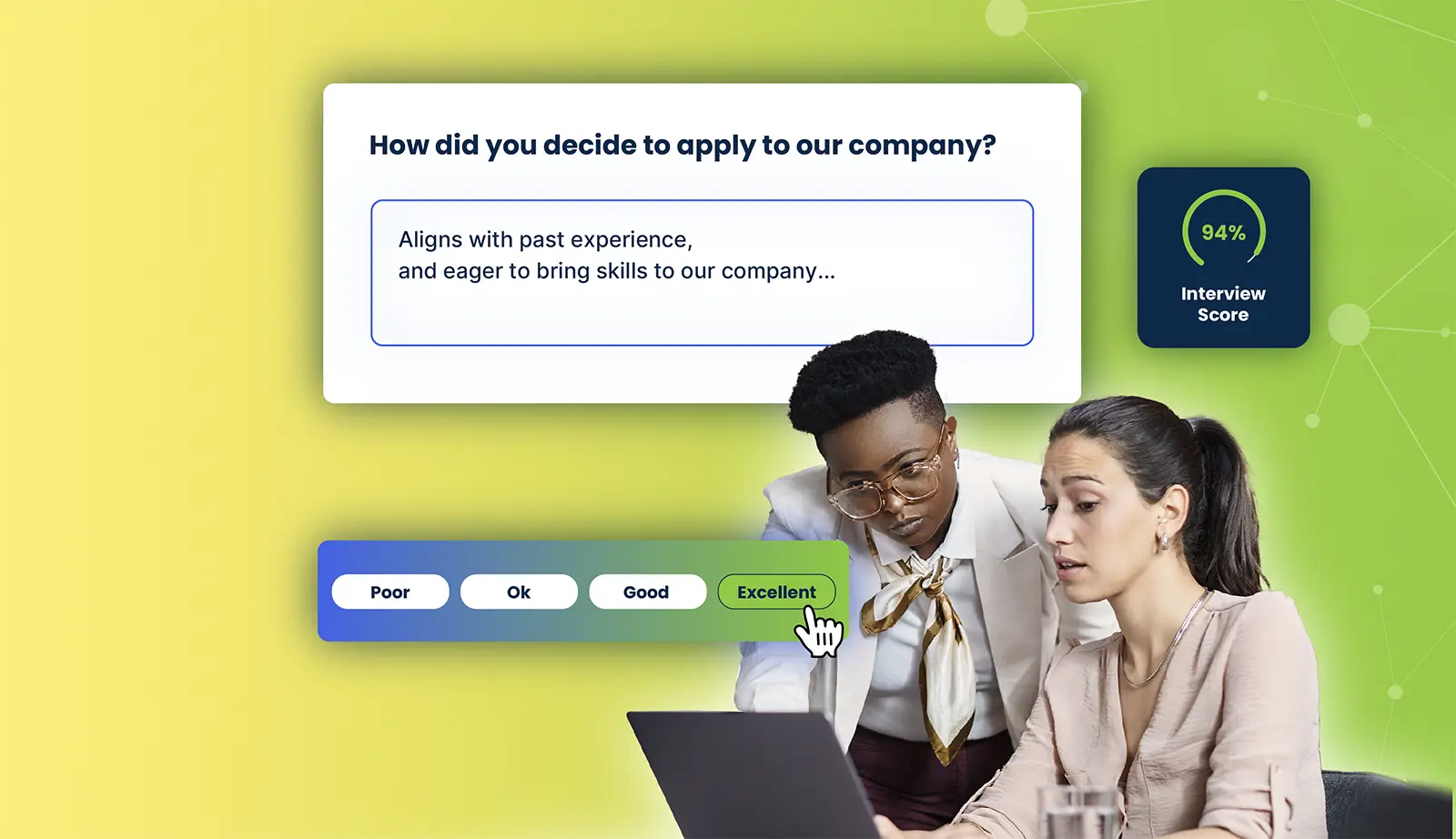 Two women review a laptop with a background showing an interview question, answer, and 94% interview score.