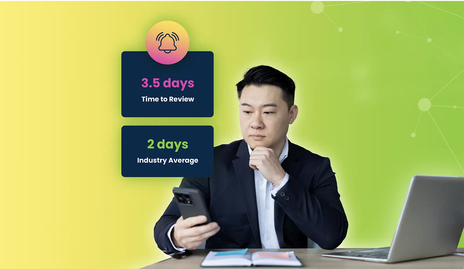 Man in suit at desk with phone, laptop, and review time comparison graphics beside him.