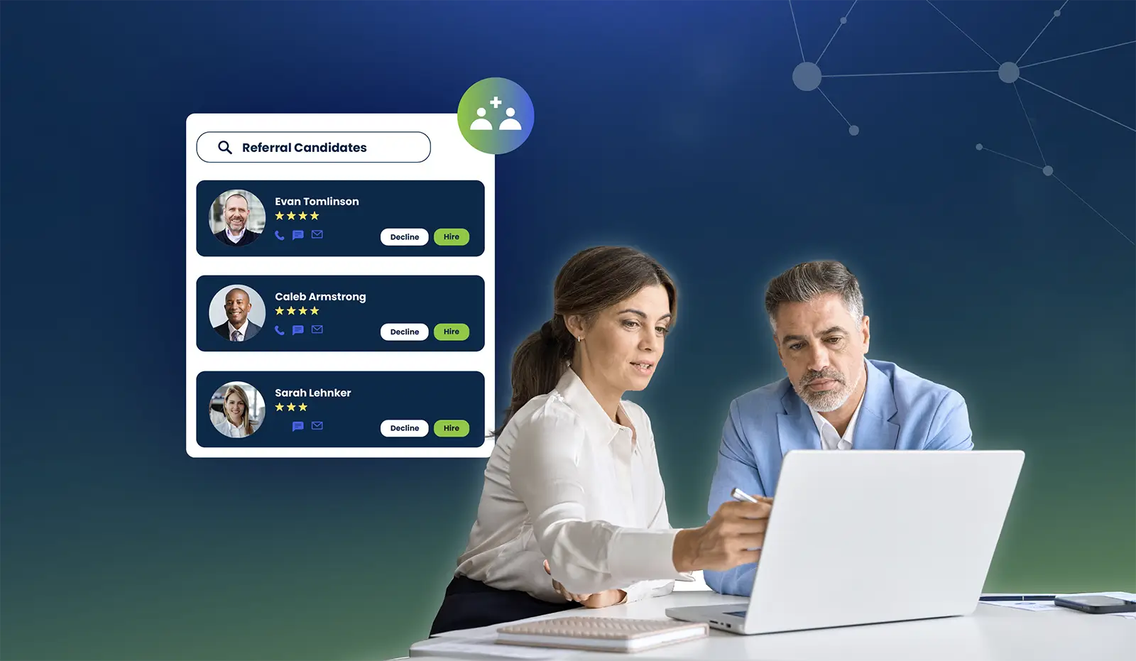 Two professionals review candidate profiles on a laptop with visible hiring options on screen.