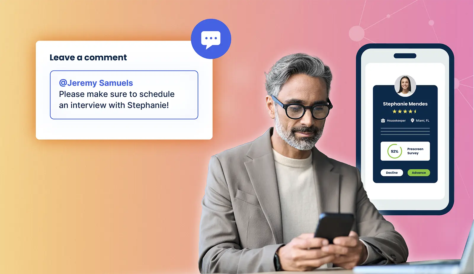 Man with gray hair and glasses checking phone, with app screens showing a comment and a candidate profile.