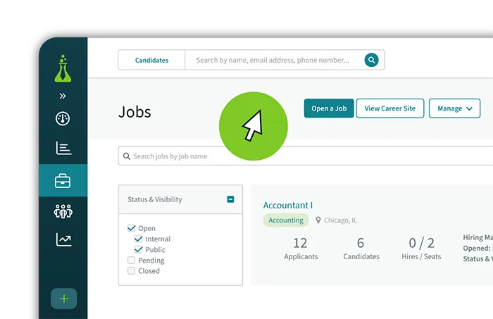 Job dashboard showing filters for status and visibility and job details for Accountant I position in Chicago.