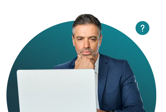 Man in blue suit looking thoughtfully at a laptop with a question mark above his head.
