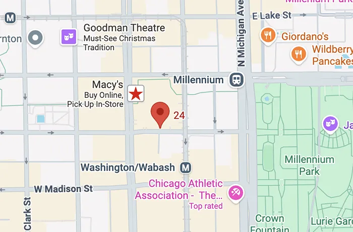 Map of downtown Chicago showing Macy’s, Goodman Theatre, Millennium Park, and nearby landmarks.