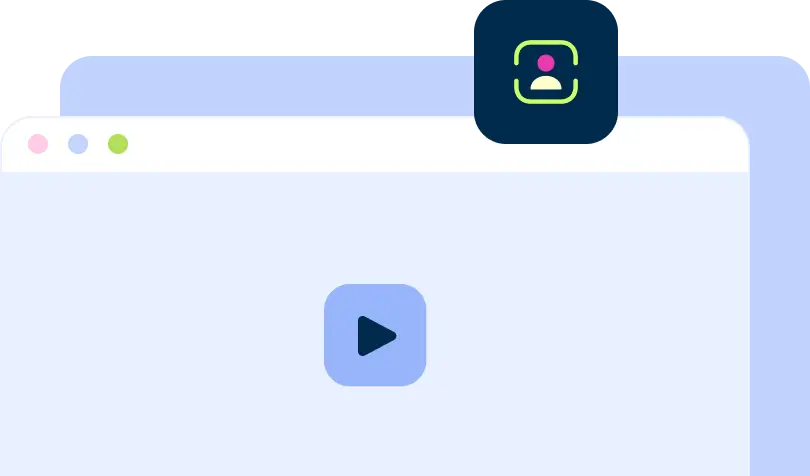 Browser window with a play button icon and a small user face scan icon at the top.