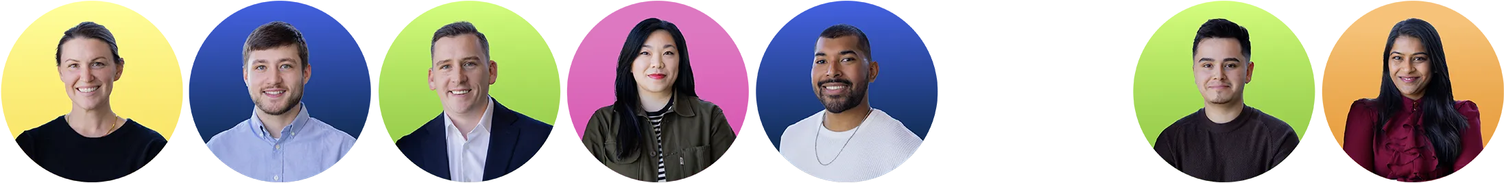 Row of seven diverse adults with colorful circular backgrounds, all smiling and facing forward.