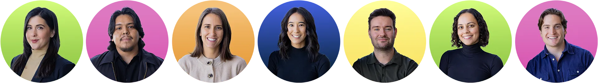 Portraits of seven diverse people smiling against colorful circular backgrounds.
