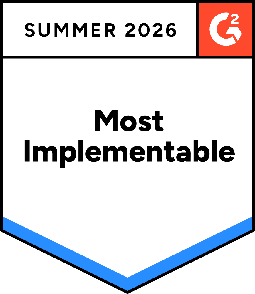 Award badge reading Summer 2026 Most Implementable with G2 logo in top right corner.