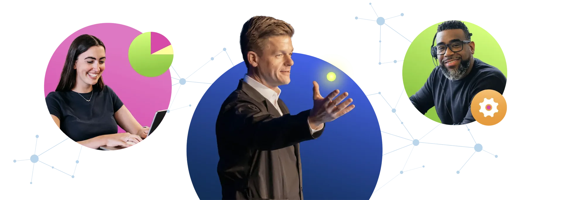 Three people: woman smiling at laptop, man gesturing forward, man smiling with headset on green background.