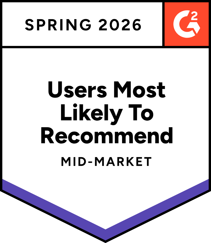 G2 Spring 2026 badge — Users Most Likely To Recommend, Mid-Market