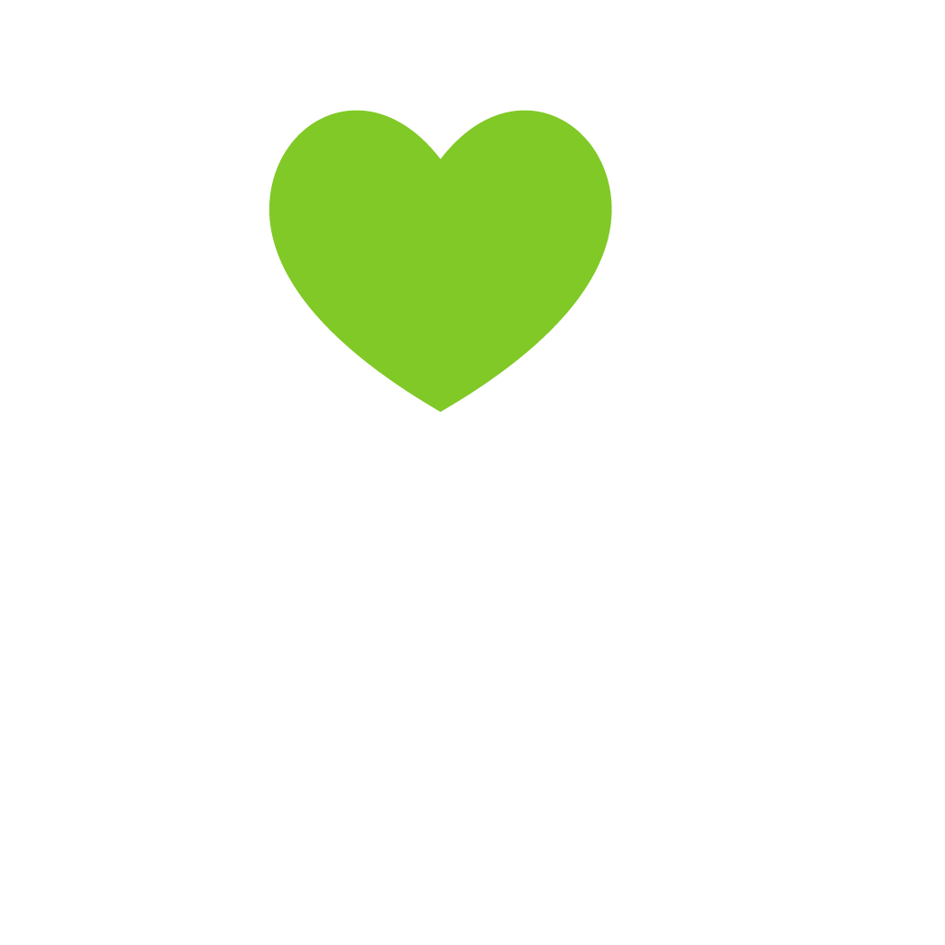 White hand holding a green heart symbol on a black background.