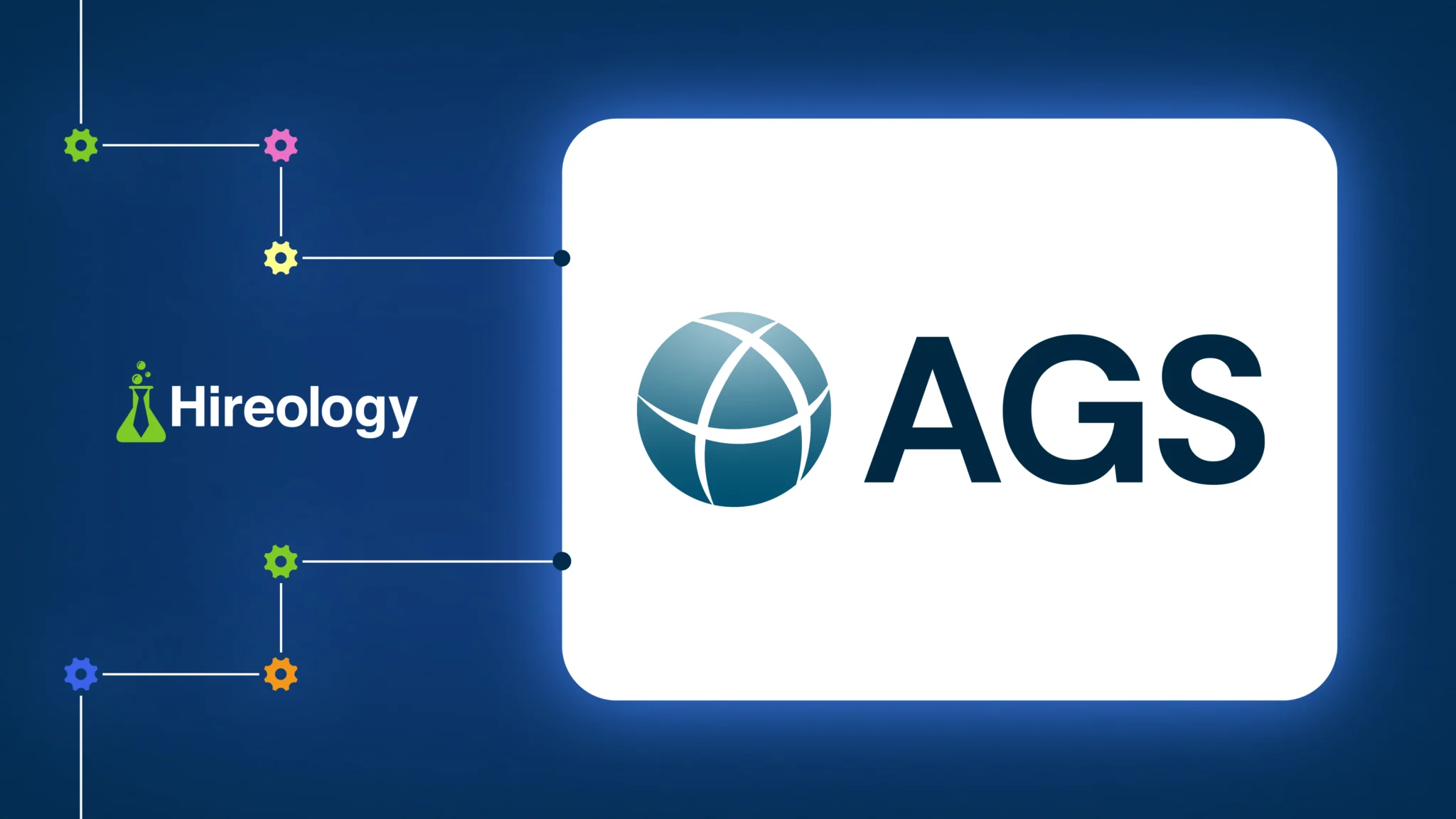 Hireology logo linked by colorful gears to AGS logo with a globe icon on a blue background.