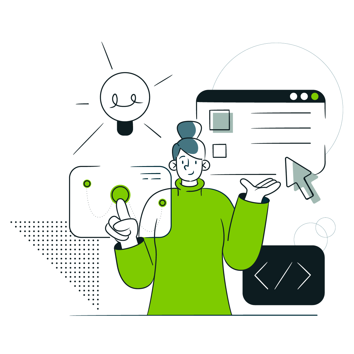 Illustration of a woman in green interacting with tech icons including a light bulb, code, and browser window.