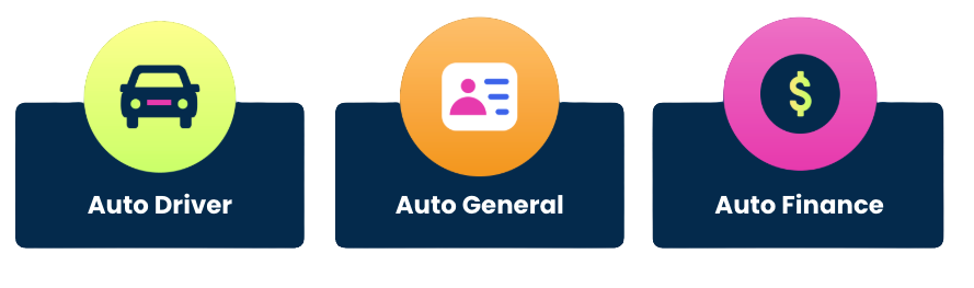 Three icons labeled Auto Driver, Auto General, and Auto Finance with car, ID card, and dollar symbols.