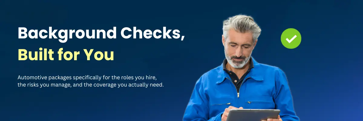 Man in blue workwear using a tablet with text about background checks built for you on a blue background.
