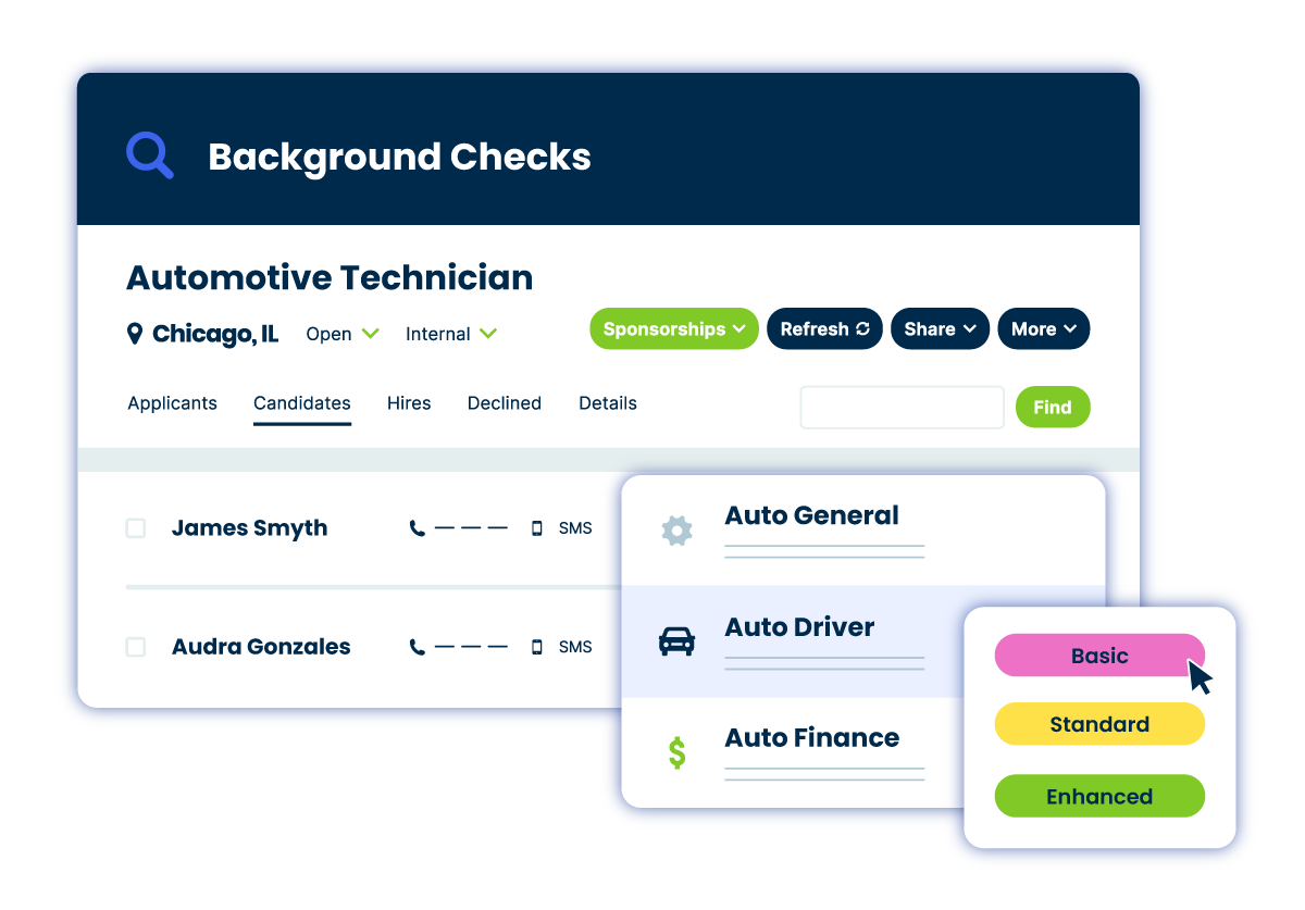 Dashboard screen showing automotive technician background checks with candidate names and check options.