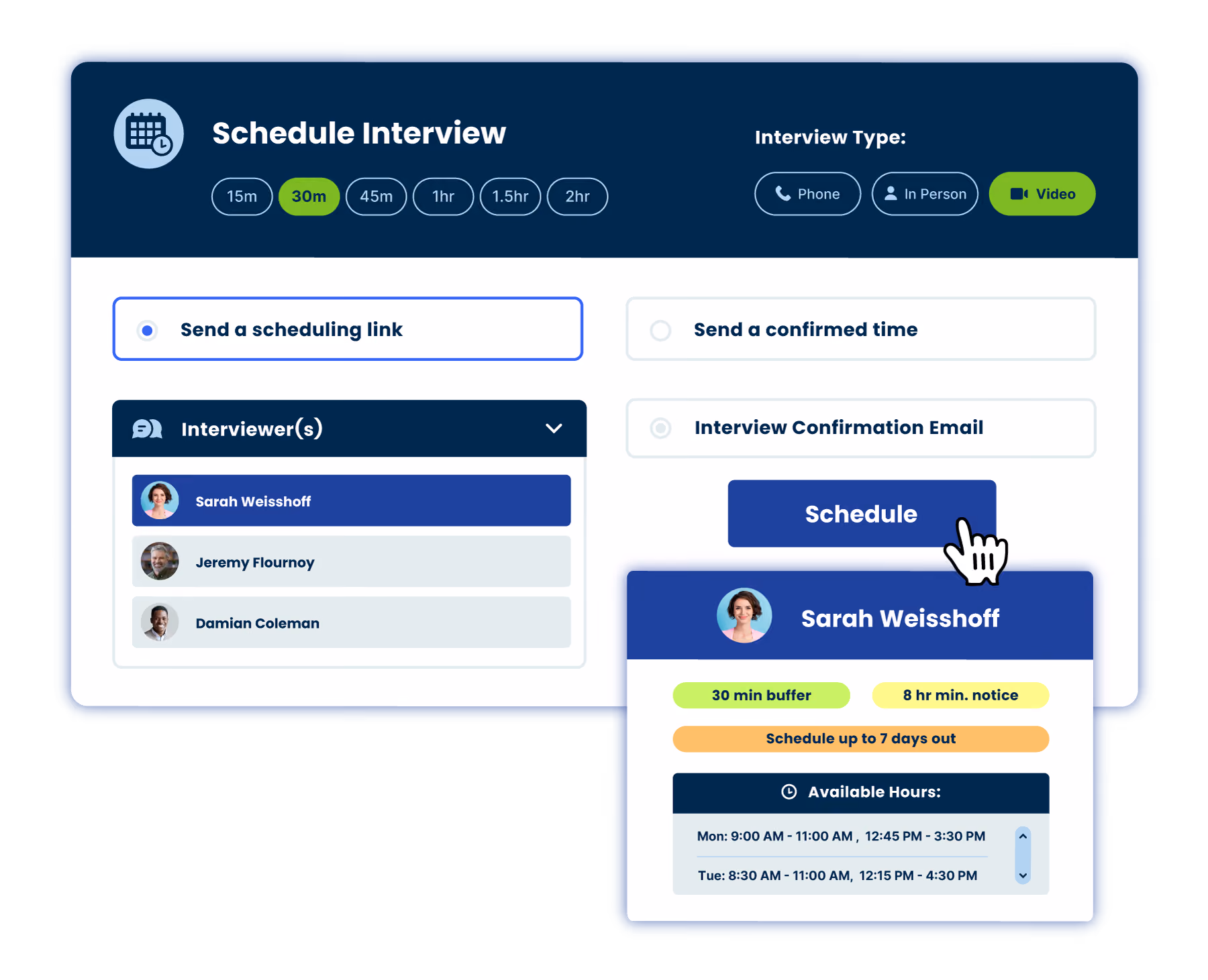 Interview scheduling interface selecting 30 min video interview with Sarah Weisshoff and confirming times.